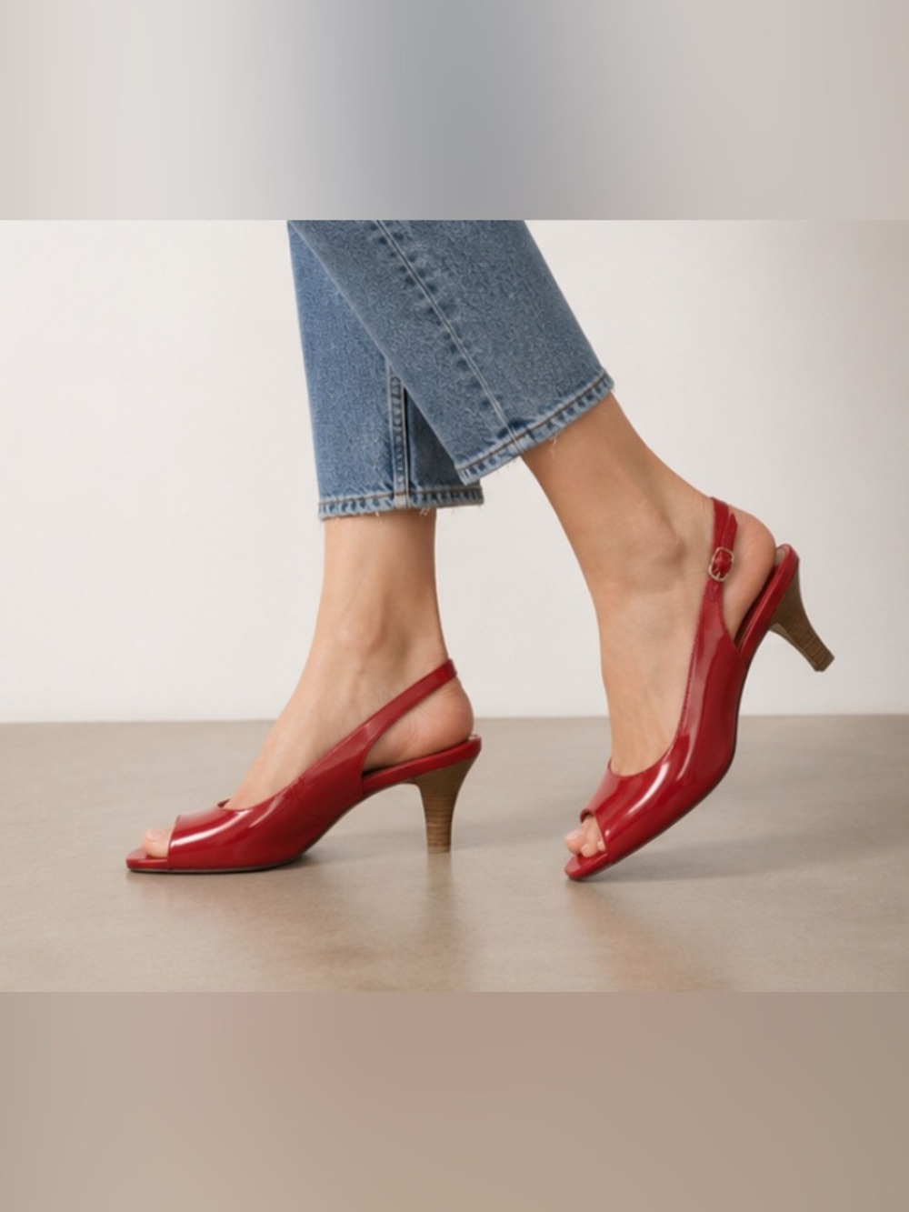 Sofft Red Patent Slingback Peep-Toe Heels with Stacked Heel